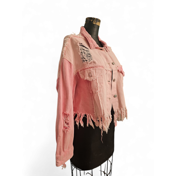 POL Pink Fringe Distressed Denim Jacket - Picture 1 of 14